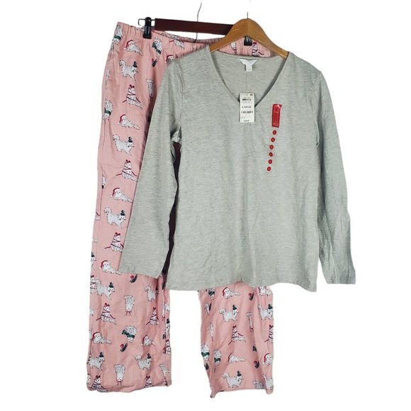 NEW Charter Club Womens Flannel Mix It Pajama Set Sz L Holiday Cat Kitty V-neck - Picture 2 of 16